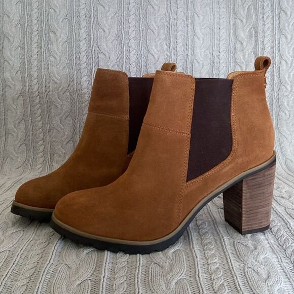 Crevo Alicia Tan Brown Leather Suede Round Toe Block Heel Casual Fall Boots - Picture 3 of 12